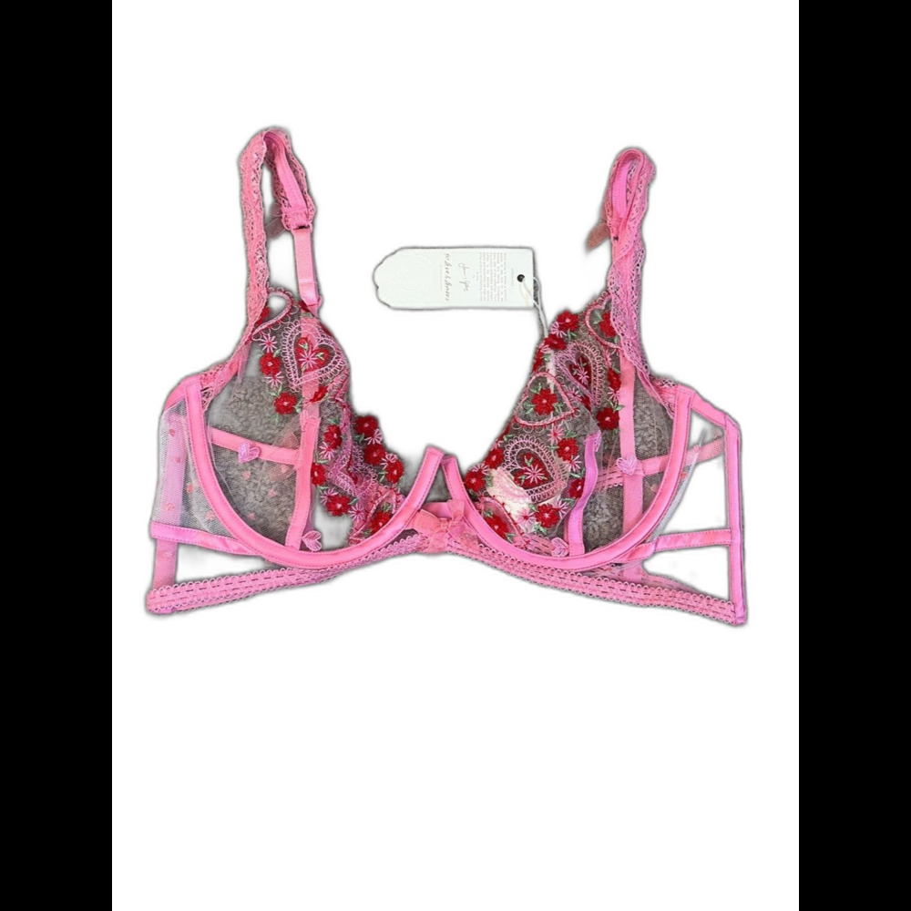 For Love and Lemons Dolly Heart Pink Floral Embroidered Underwire Bra 34C NWT
